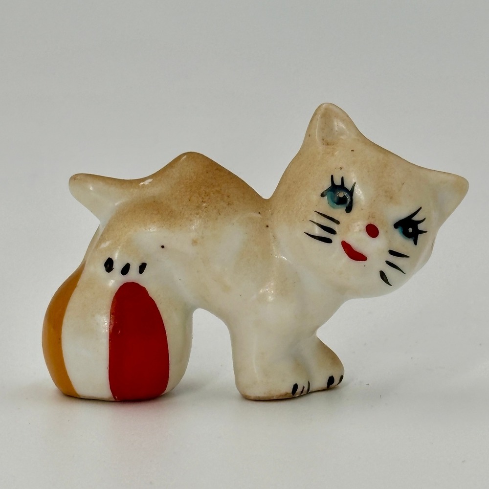 MCM Ceramic Kitten Figurine Japan Beach Ball Playful Cat Miniature 2 Inch